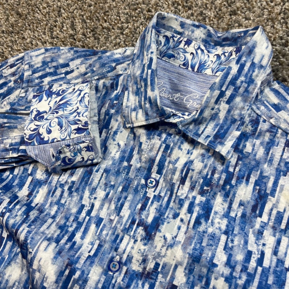 Robert Graham Men's Small Button Up Shirt Flip Cuff Blue White Abstract Print